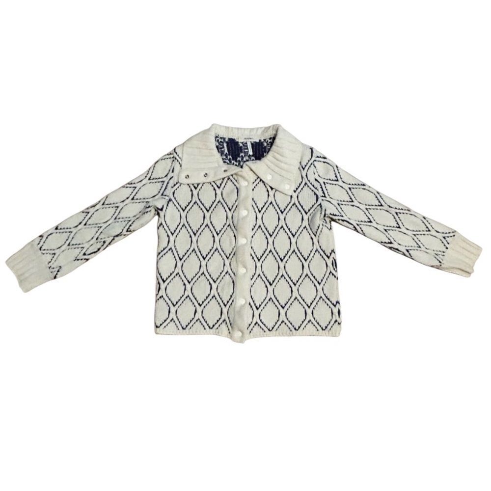Rodier France Wool Cardigan Ivory Navy Diamond Pattern Sweater Collar Vintage L